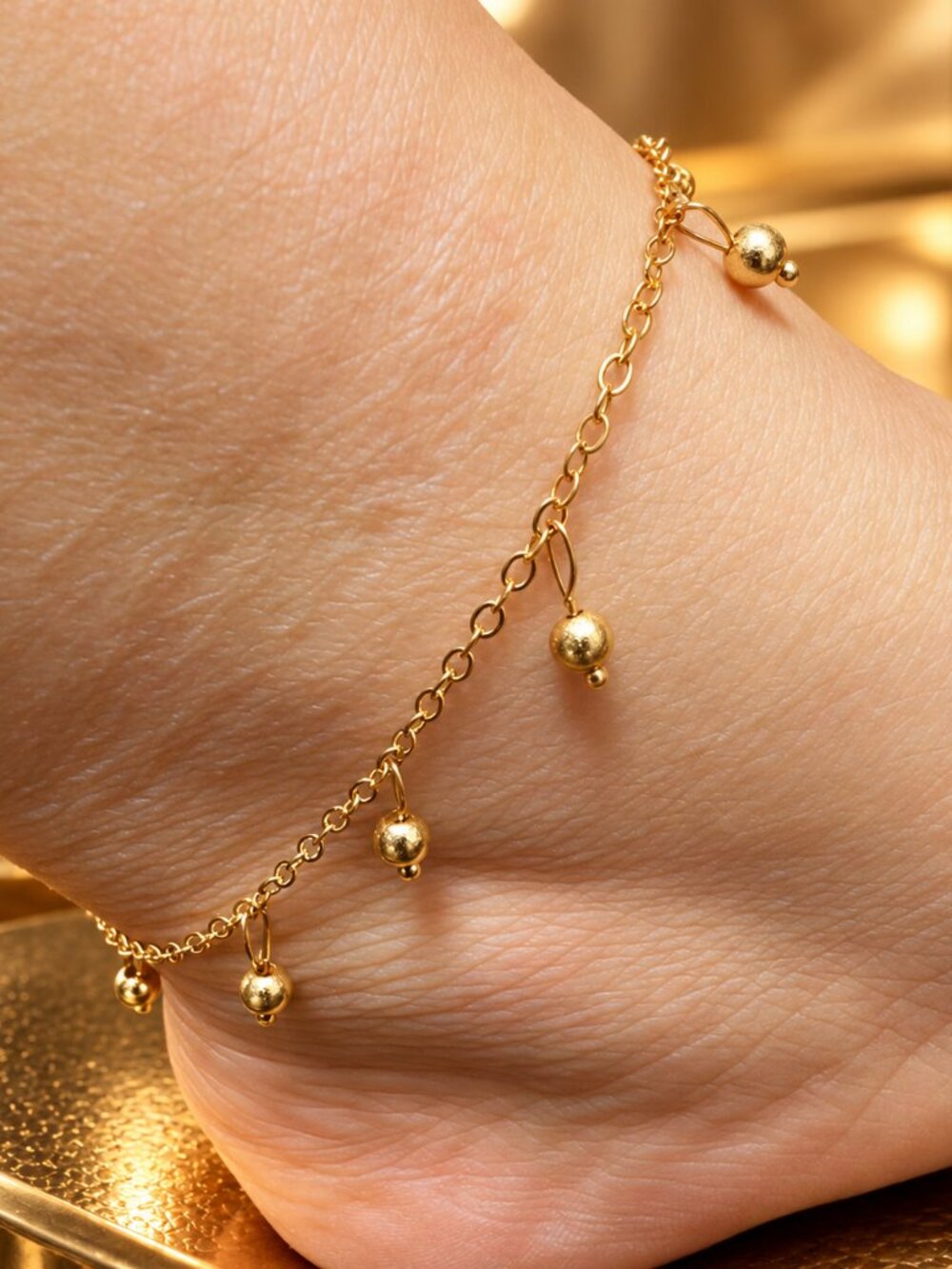 Gold Tone Dangle Ball Bead Charm Anklet Adjustable Ankle Bracelet Lobster Clasp